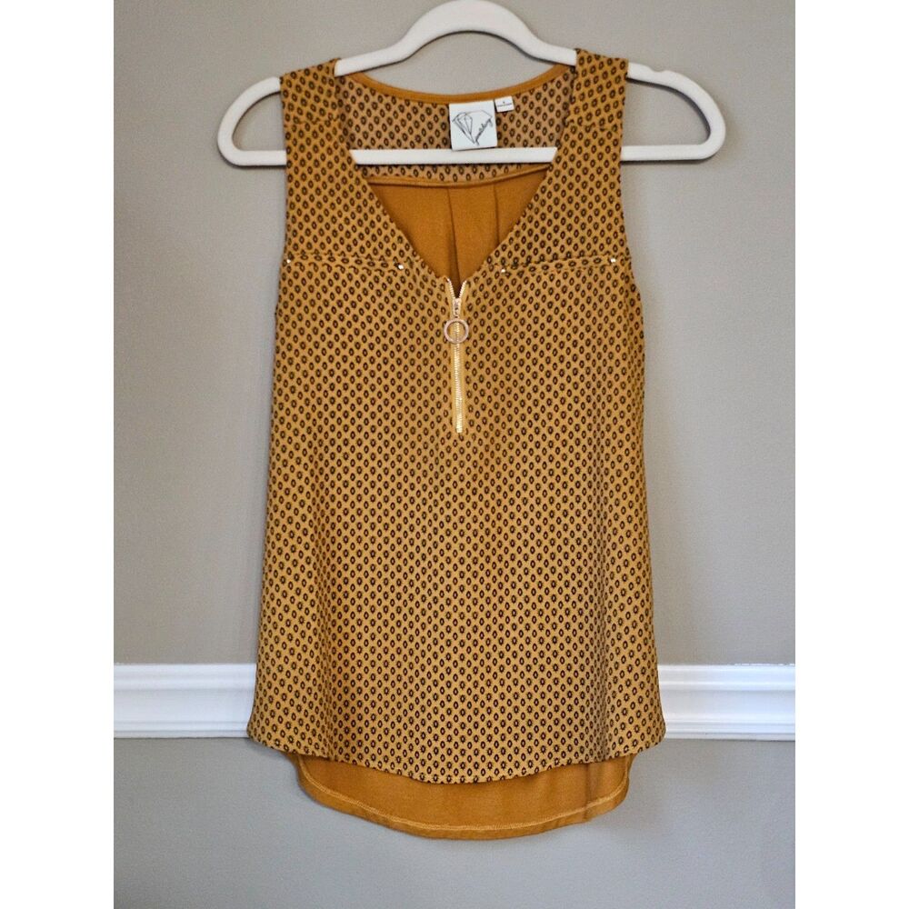 Janet Chung Mustard Yellow Printed Sleeveless Top Zip Front Size Small